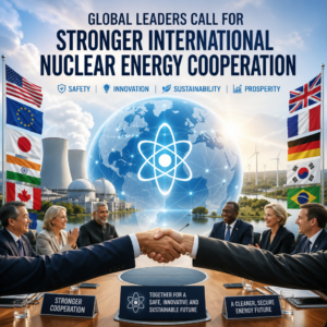 Global leaders discussing stronger international cooperation on nuclear energy with a glowing reactor globe backdrop