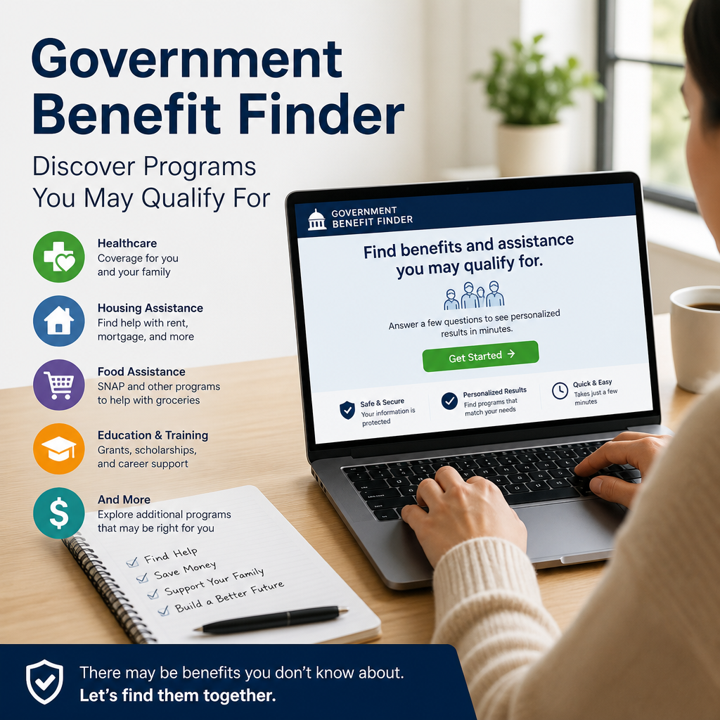 Person using a laptop to search for government benefit programs for healthcare, housing, food assistance, and education.