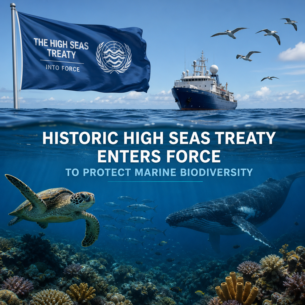 Ocean scene with a ship, fish, and globe symbolizing the high seas treaty protecting marine biodiversity