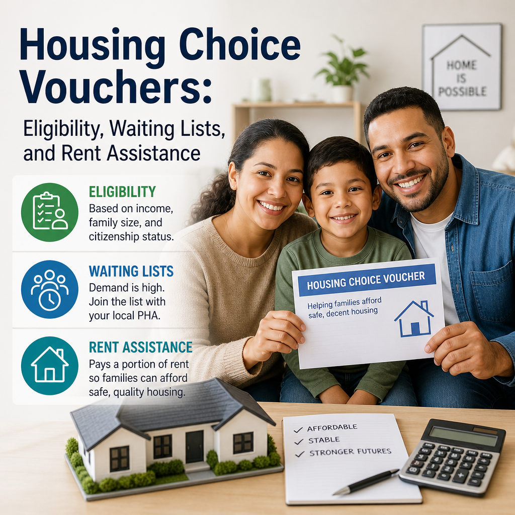 Happy family holding a housing choice voucher for affordable housing assistance