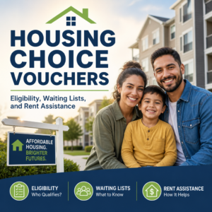 Happy family in front of affordable housing promoting Housing Choice Vouchers for rent assistance and eligibility