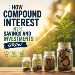 Illustration of jars of coins and growing plants showing compound interest helping savings and investments grow over time