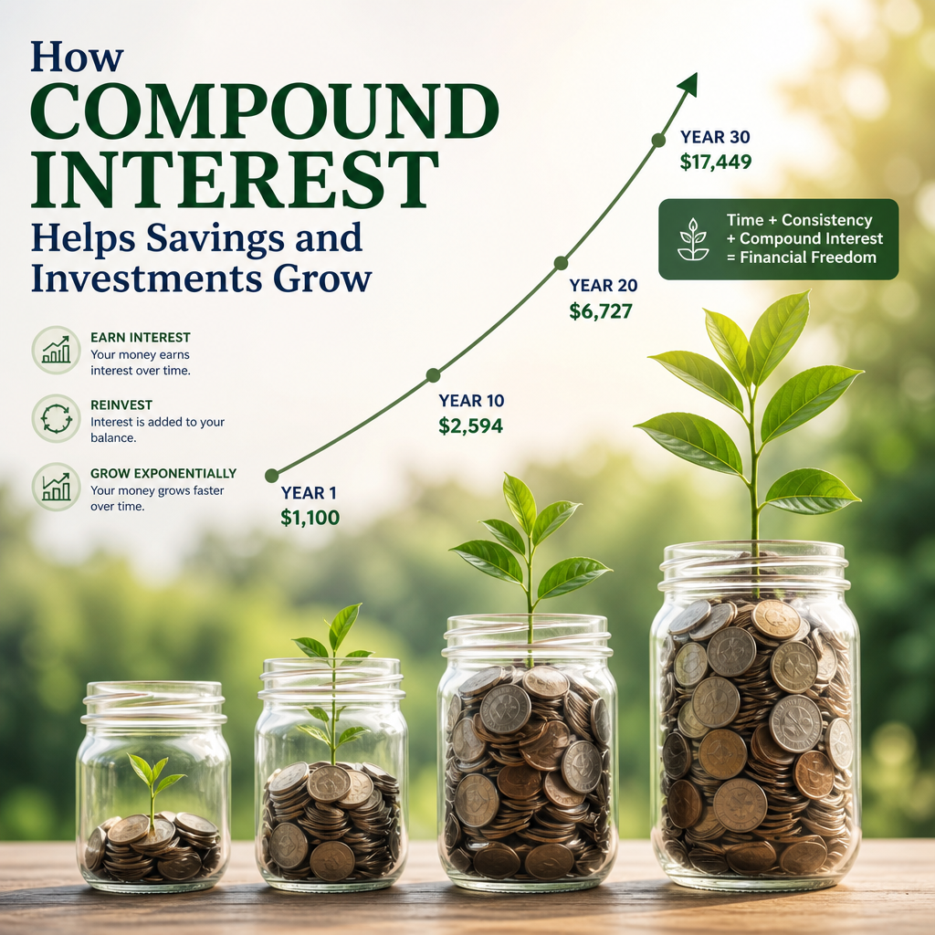 Illustration of savings and investments growing over 30 years with coin jars and plants representing compound interest