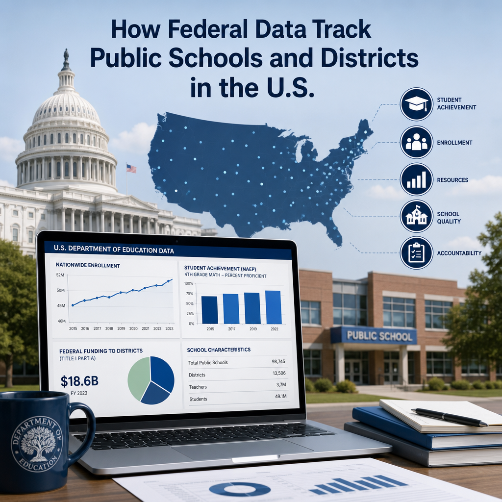 Infographic showing federal education data tracking school districts through enrollment, resources, quality, and accountabili