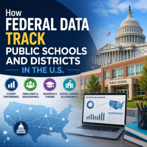 Infographic showing federal education data tracking U.S. schools and districts by performance, demographics, funding, and acc