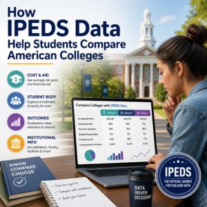 Infographic showing how IPEDS data helps students compare colleges by cost, diversity, outcomes, and campus size.