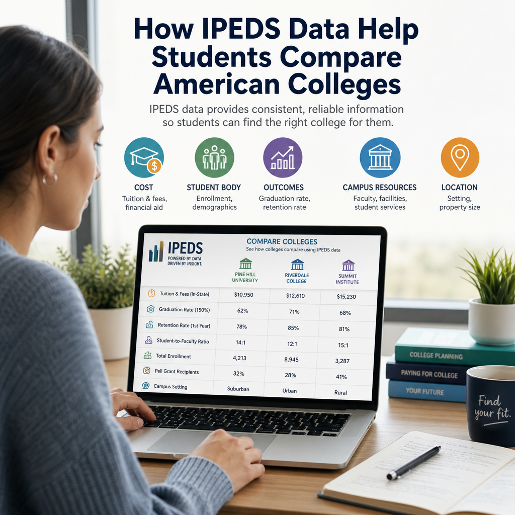 Woman using laptop to compare American colleges with IPEDS data on cost, outcomes, diversity, and campus size