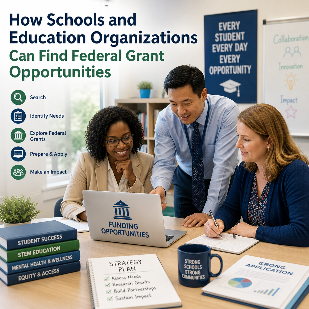 Educators collaborating to find federal grant opportunities for schools and education organizations