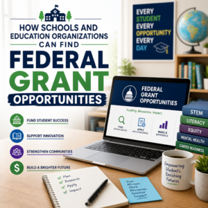 Laptop showing federal grant opportunities for schools and education organizations with study materials