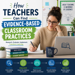 Teacher reviewing a guide on evidence-based classroom practices for effective student learning
