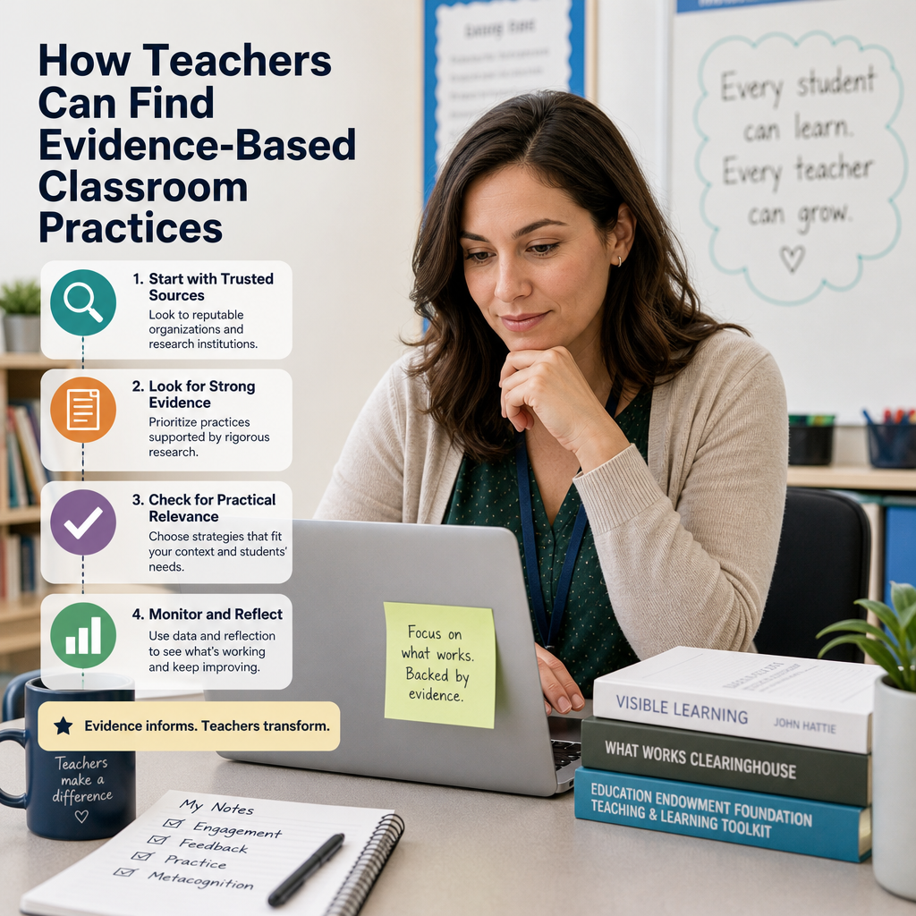 Teacher researching evidence-based classroom practices on a laptop in a classroom