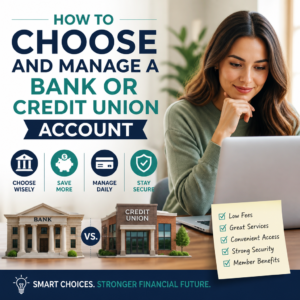 Illustration of a person reviewing bank and credit union account options for better money management