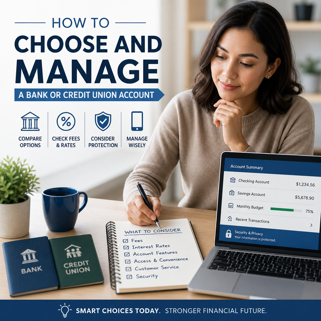 Checklist for choosing a bank or credit union account, covering fees, protection, and account management