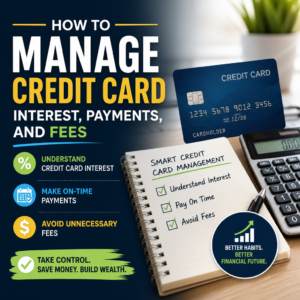 Credit card management infographic with tips on interest, payments, and fees