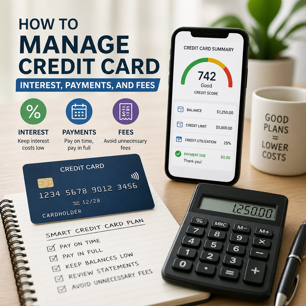 Illustration of a person managing credit card interest, payments, and fees for better financial health