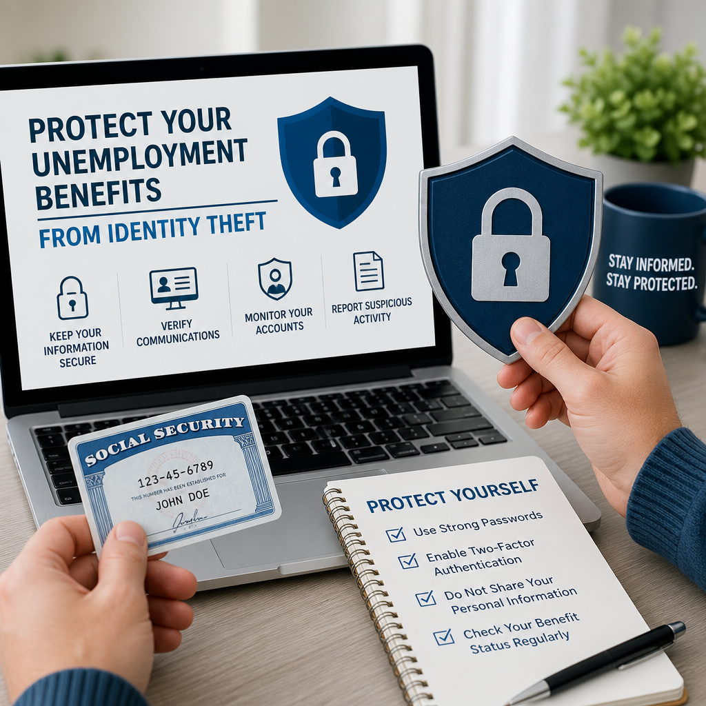 Laptop screen with tips to protect unemployment benefits from identity theft, plus a social security card and shield icon