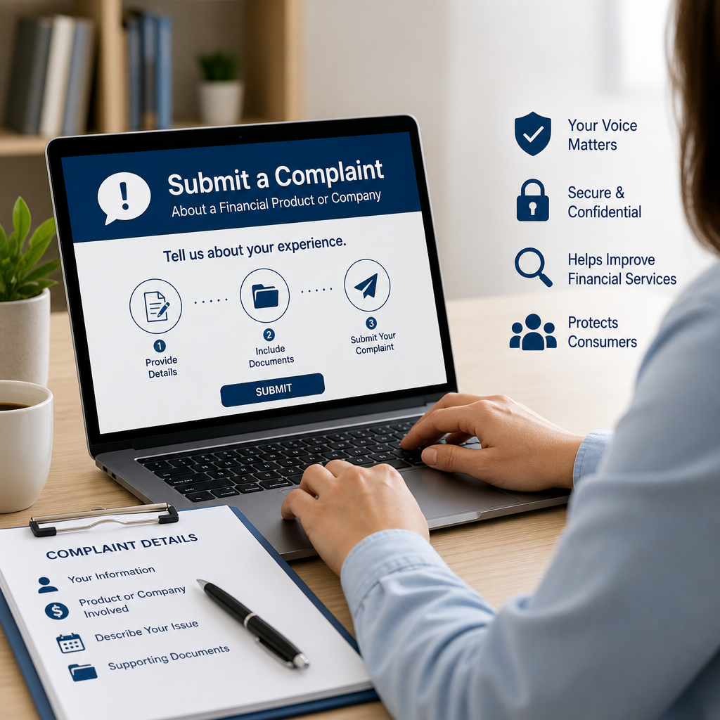 Person filling out an online complaint form about a financial company on a laptop