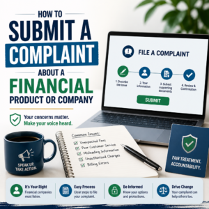 Step-by-step guide for submitting an online complaint about a financial product or company.