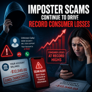 Person reviewing a bank security warning about imposter scams and financial fraud