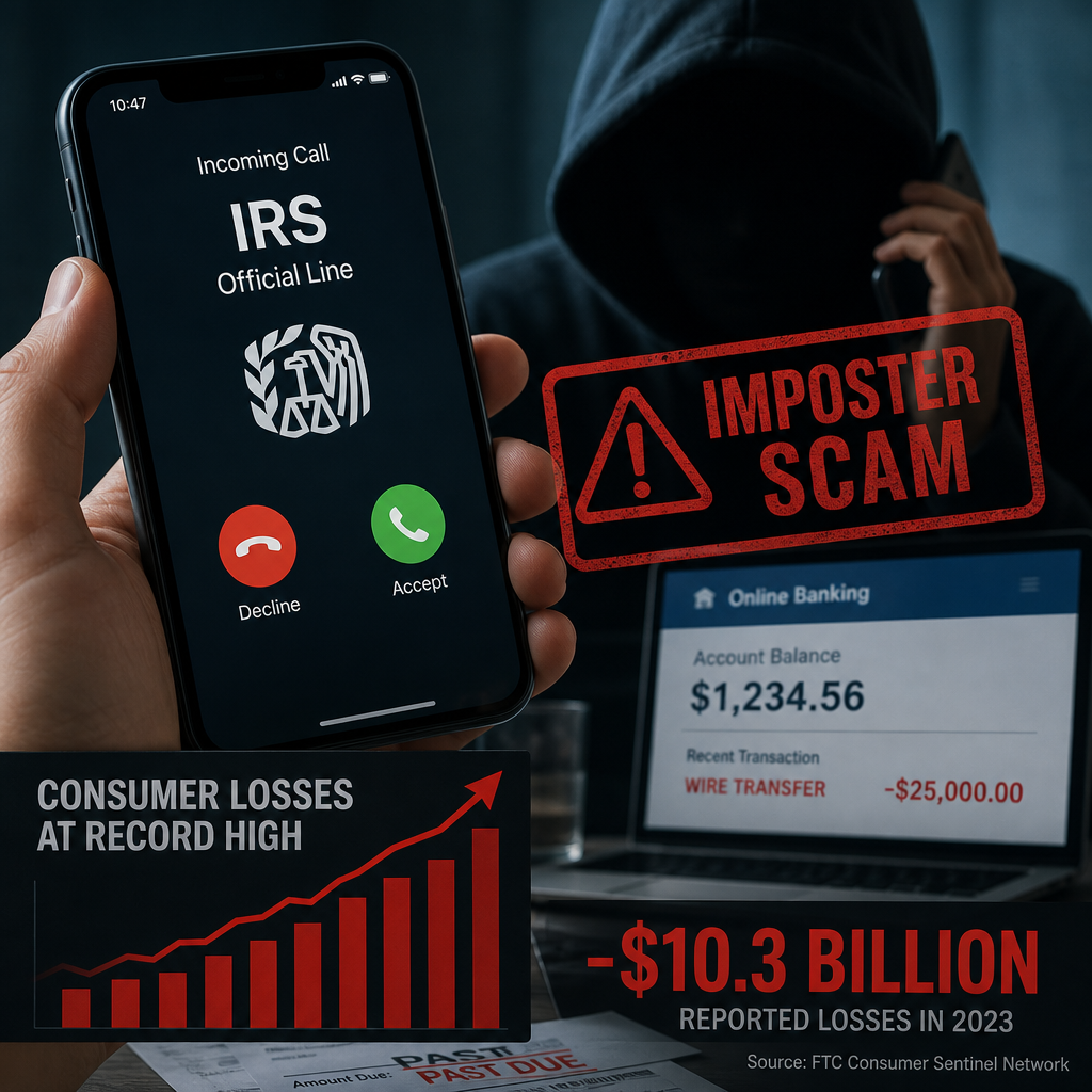 IRS imposter scam warning with rising consumer losses and a fraudulent wire transfer example
