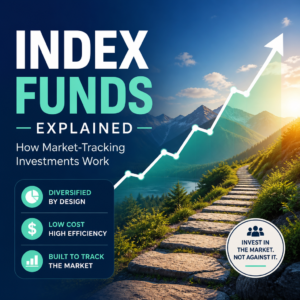 Illustration explaining index funds, showing diversification, low costs, and market-tracking investment benefits