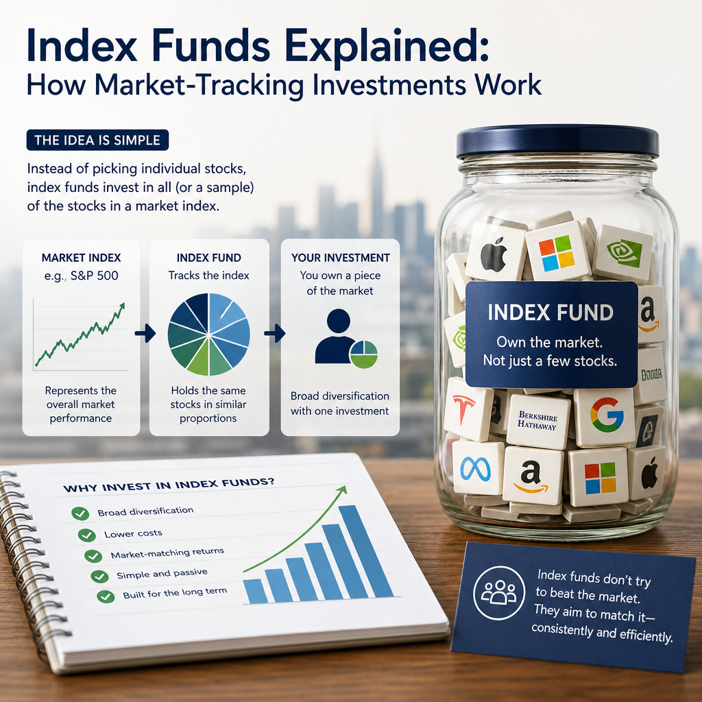 Infographic explaining how index funds track market indexes for diversified, low-cost investing