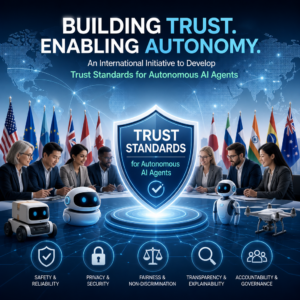 Global collaboration around trust standards for autonomous AI agents, shown with connected people and a globe.