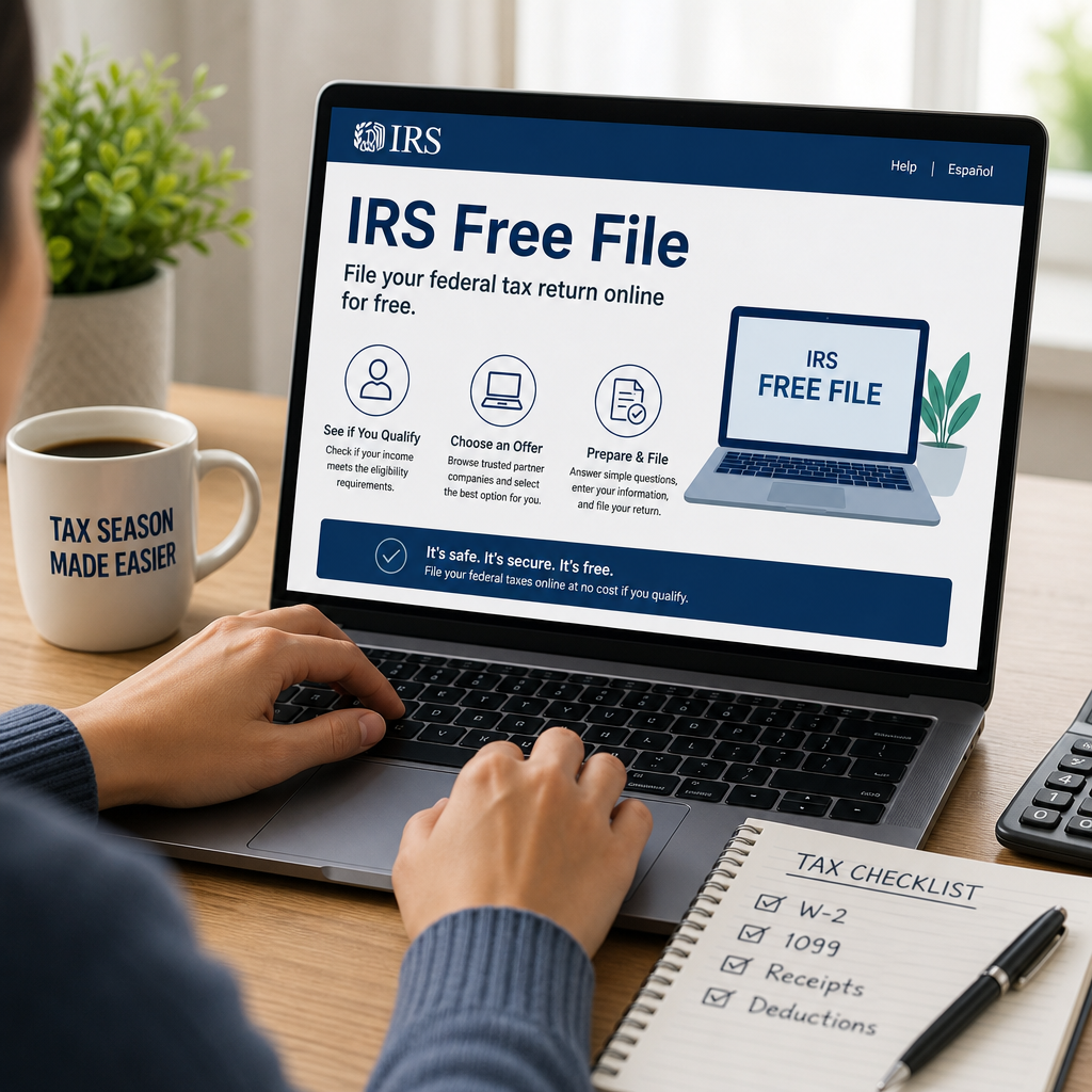 Person using a laptop to access the IRS Free File website for filing federal tax returns online.