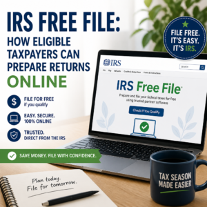 IRS Free File webpage showing eligible taxpayers can prepare and file returns online securely and easily
