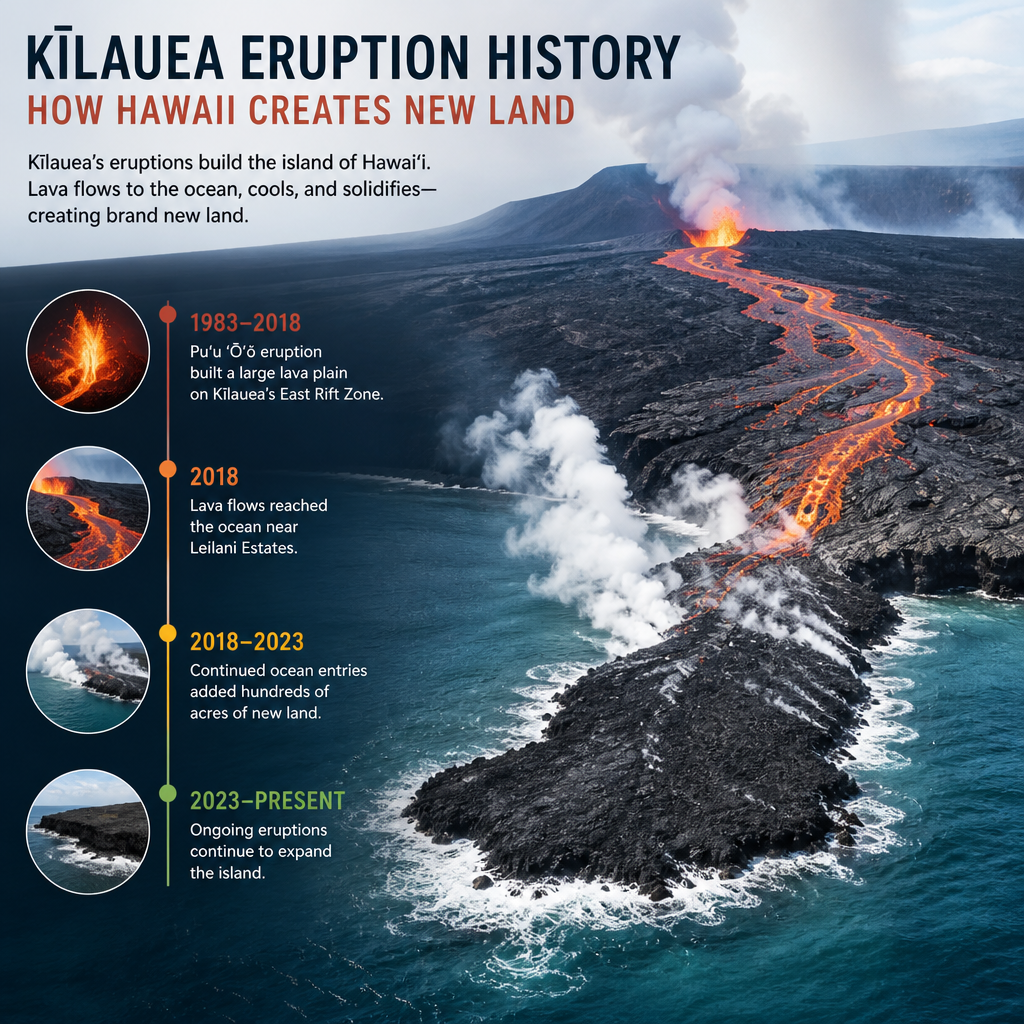 Kīlauea lava flow creating new land in Hawaii, illustrating eruption history from 1983 to present