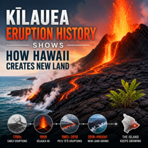 Kīlauea lava flow creating new land on Hawaii’s coast, with glowing molten rock and hardened black lava