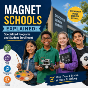 Diverse magnet school students in STEM, arts, and global studies classrooms