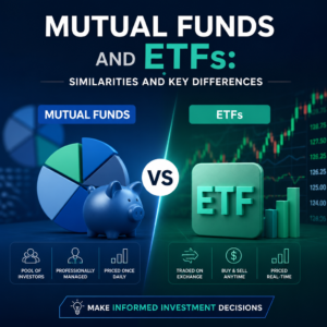 Comparison infographic of mutual funds and ETFs, showing similarities and key differences for investors