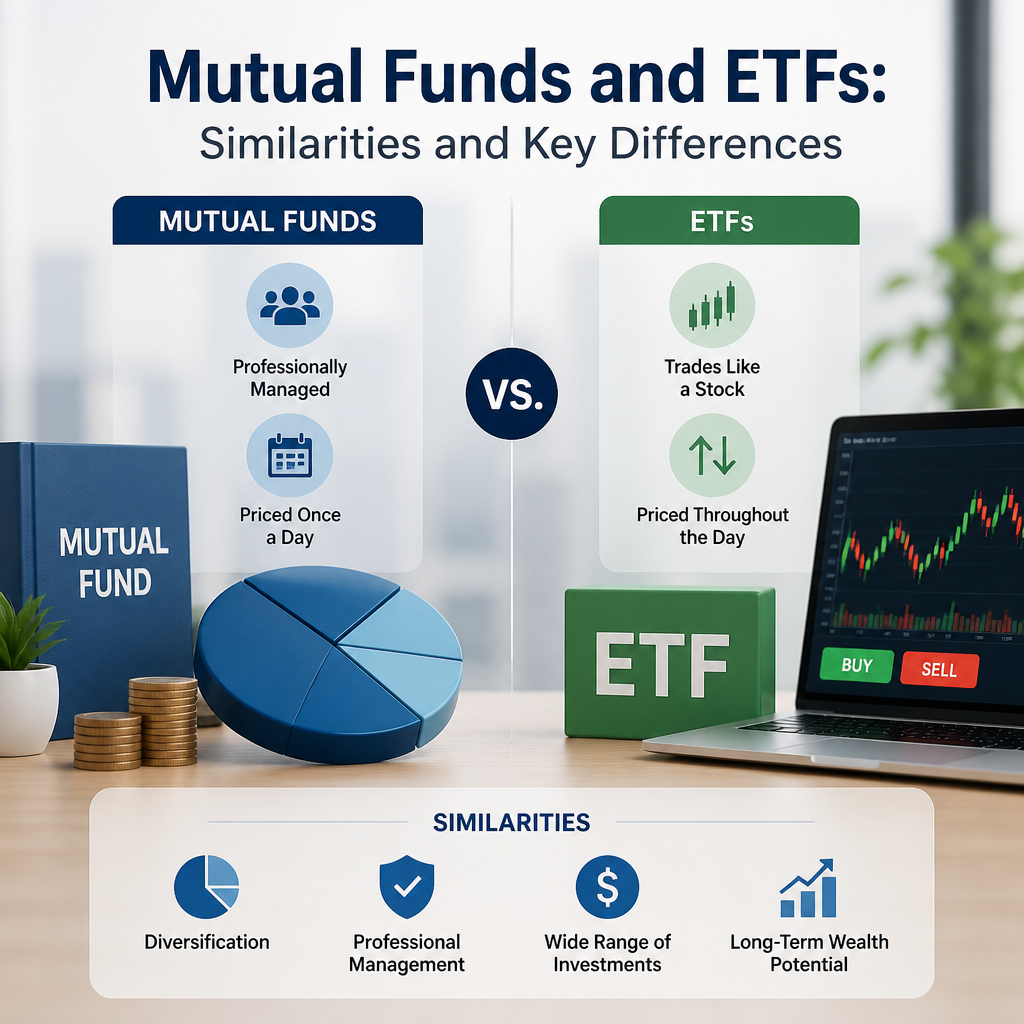 Infographic comparing mutual funds and ETFs, showing similarities and key differences.