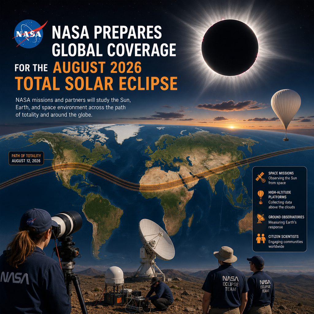 NASA plan for global coverage of the August 2026 total solar eclipse with space and ground observations