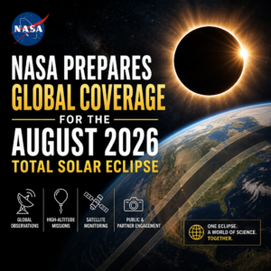 NASA announces global coverage plans for the August 2026 total solar eclipse with the Sun and Moon aligned.