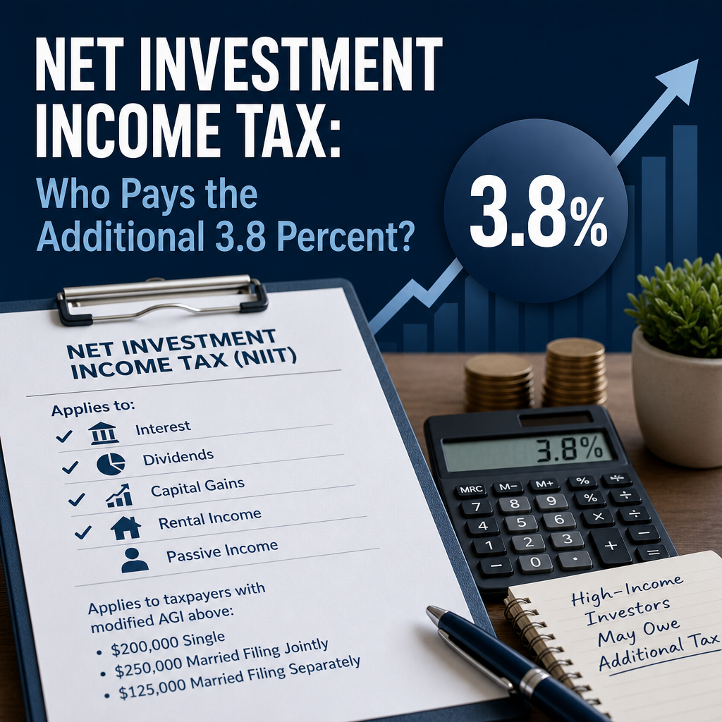 Infographic explaining who pays the additional 3.8% Net Investment Income Tax on different income types.