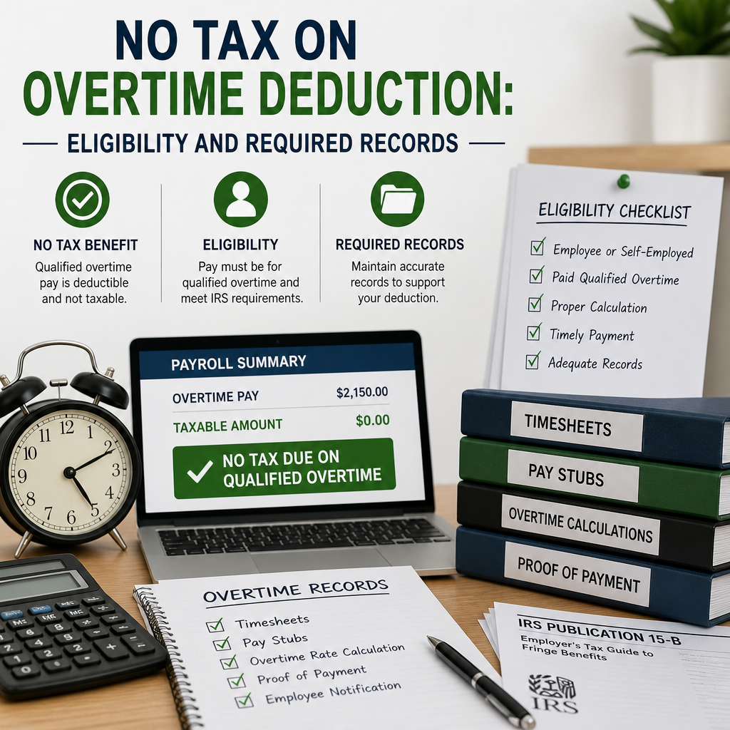 Infographic on overtime deduction eligibility, required records, and payroll summary.