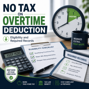 Checklist for no tax on overtime deduction eligibility with clock, calculator, and tax savings notes