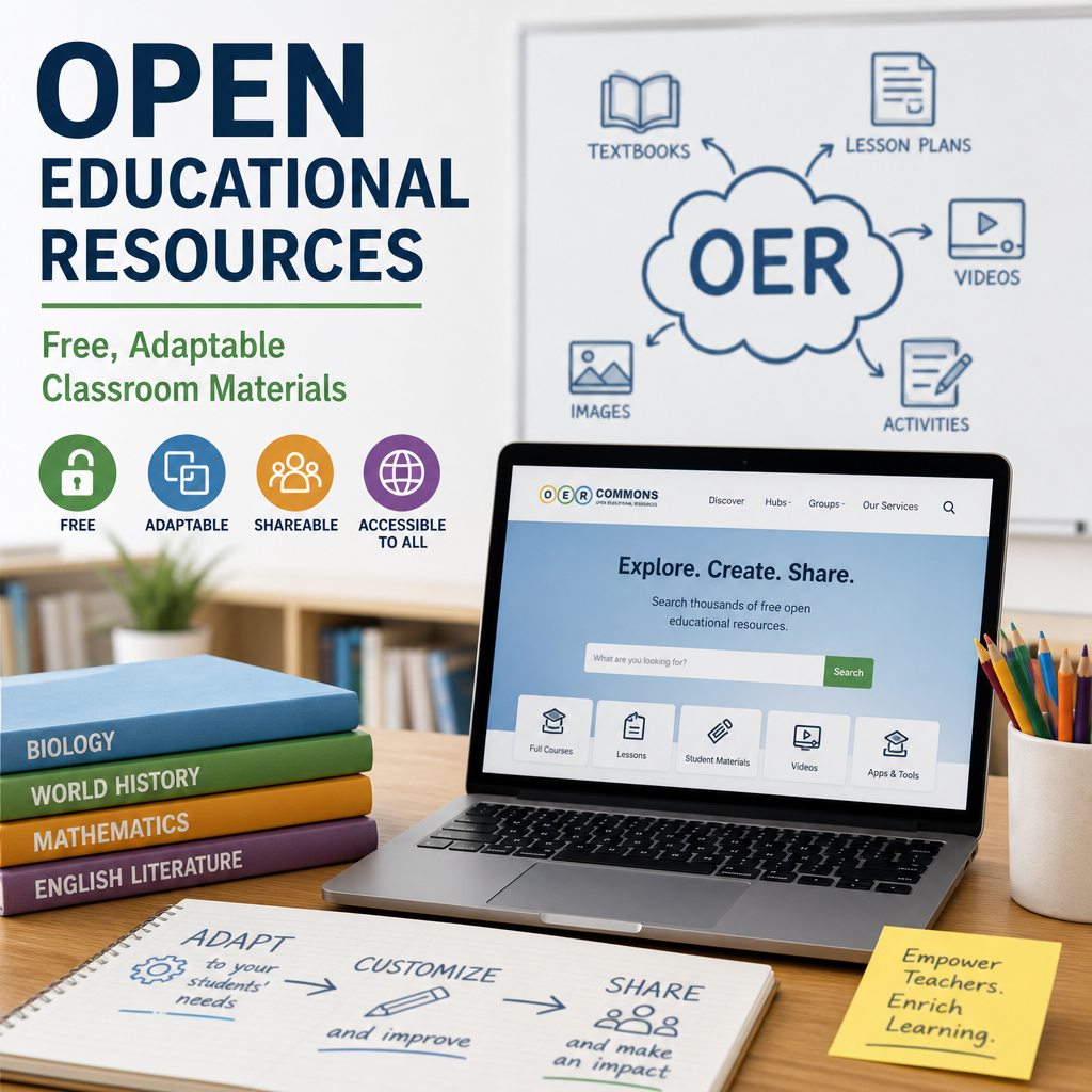 Open educational resources icons for free textbooks, lesson plans, videos, and activities in the classroom