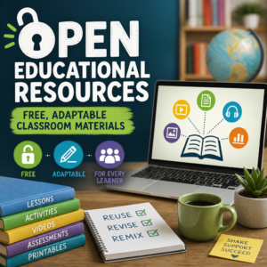 Illustration of open educational resources for free, adaptable classroom materials supporting diverse learners