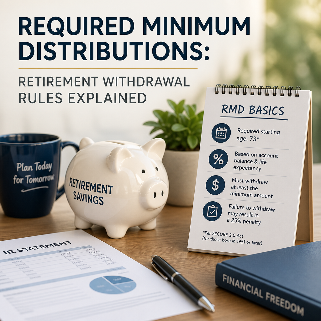 Infographic on required minimum distributions and retirement withdrawal rules with calculator and coins