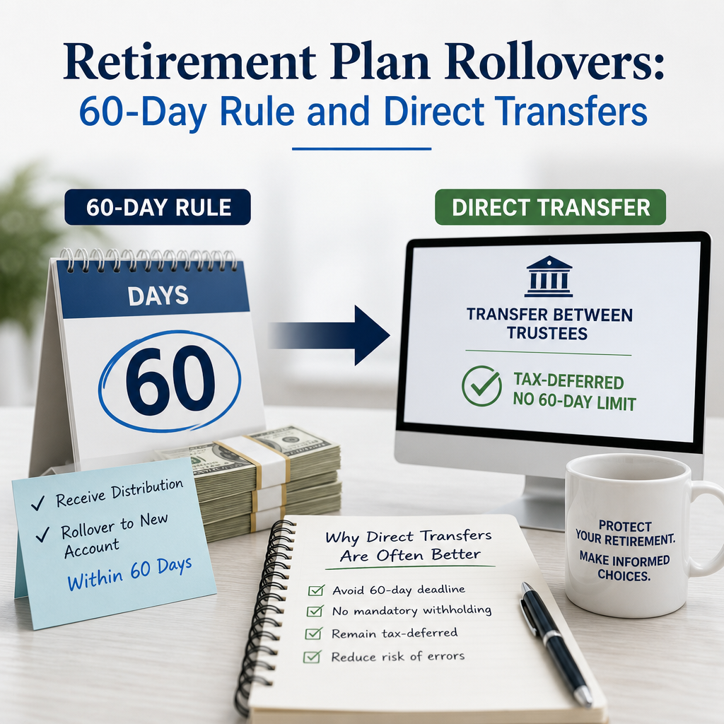 Infographic explaining retirement plan rollovers, including the 60-day rule and benefits of direct transfers
