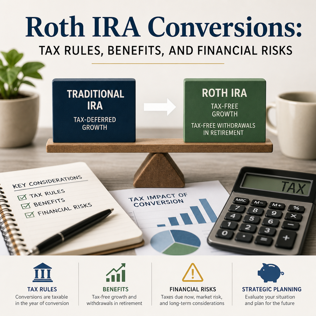 Infographic on Roth IRA conversions, showing tax rules, benefits, risks, and planning strategies.