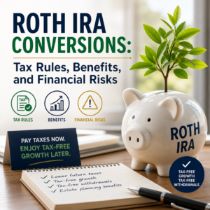 Roth IRA conversion infographic on tax rules, benefits, and financial risks