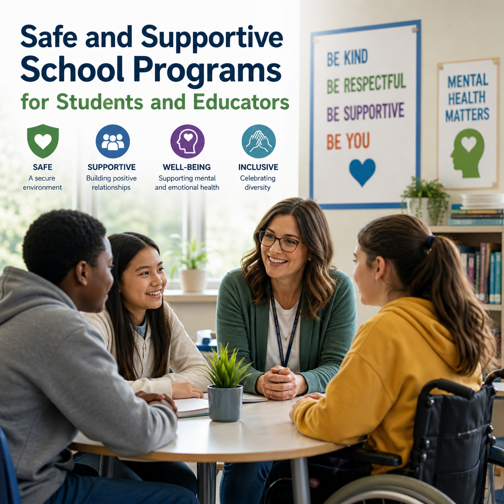 Diverse students and educator participating in a supportive school program promoting mental health and inclusivity