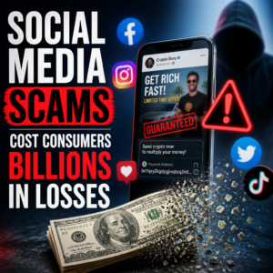 Illustration of fake social media scam posts with get-rich-quick offers and money losses