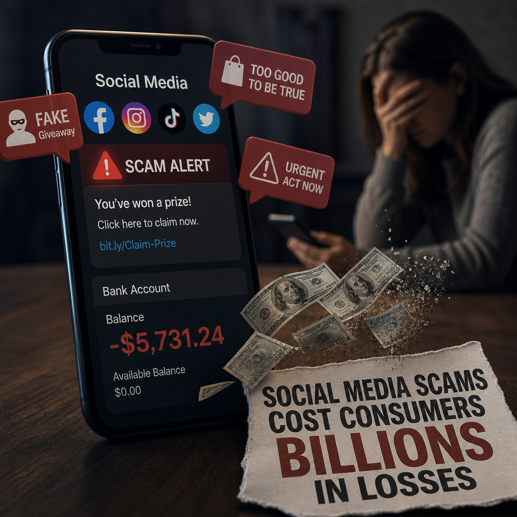 Illustration of social media scam alerts, fake giveaways, and warning signs causing consumer losses