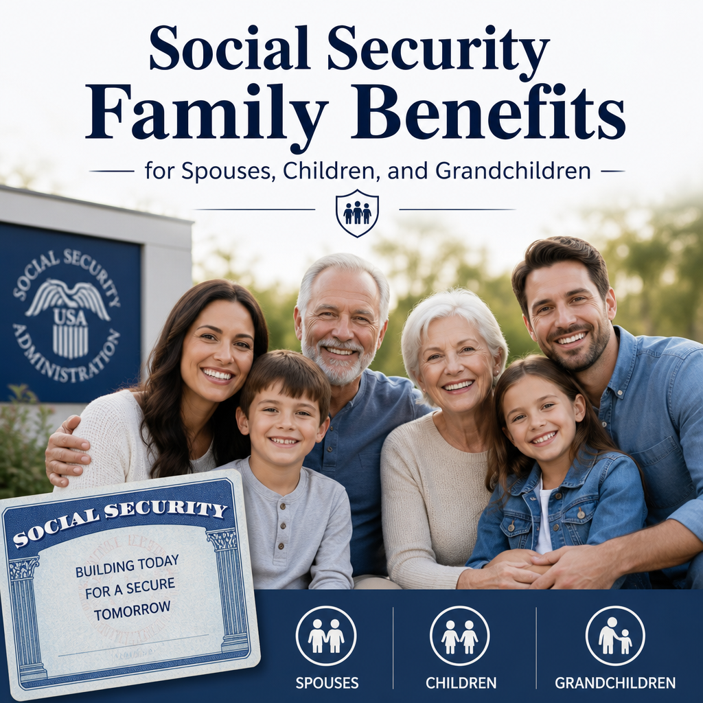Smiling multi-generational family representing Social Security benefits for spouses, children, and grandchildren