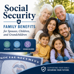 Happy multigenerational family smiling together, representing Social Security benefits for spouses, children, and grandchildr